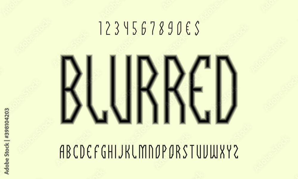 Poster blurred display font. black angular letters, numbers and currency signs. isolated english alphabet. 