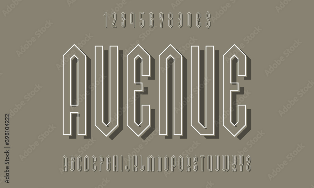 Fototapete avenue alphabet and numbers with white outline and gray shadow. urban display font. vector isolated 