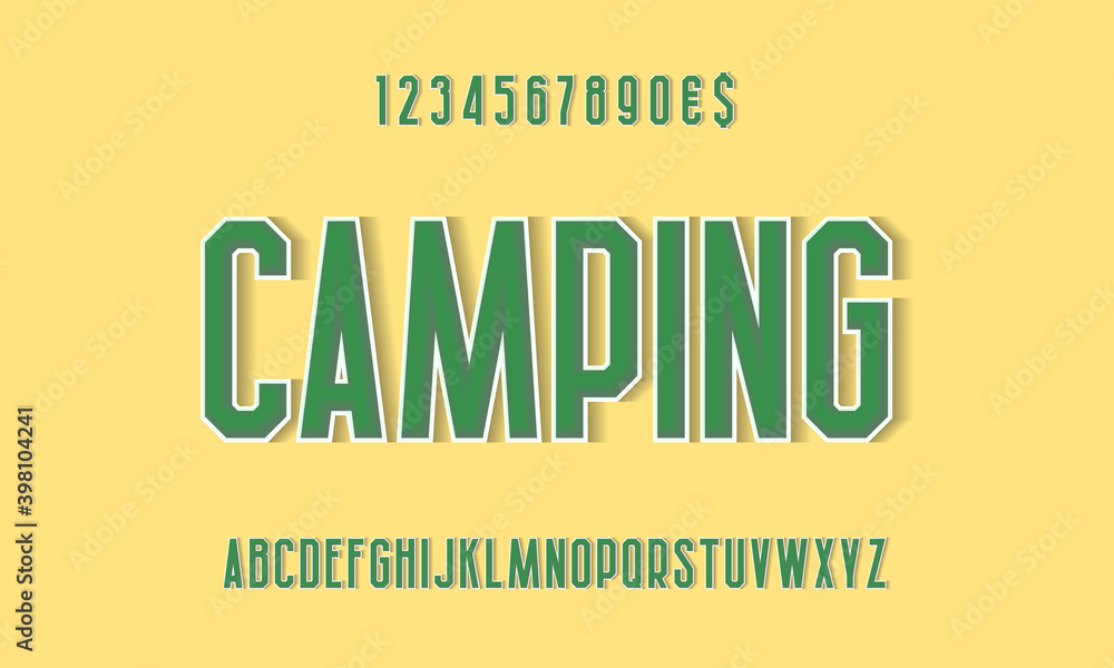 Fototapete camping green alphabet and numbers with white outline and shadow. urban volumetric display font. vec