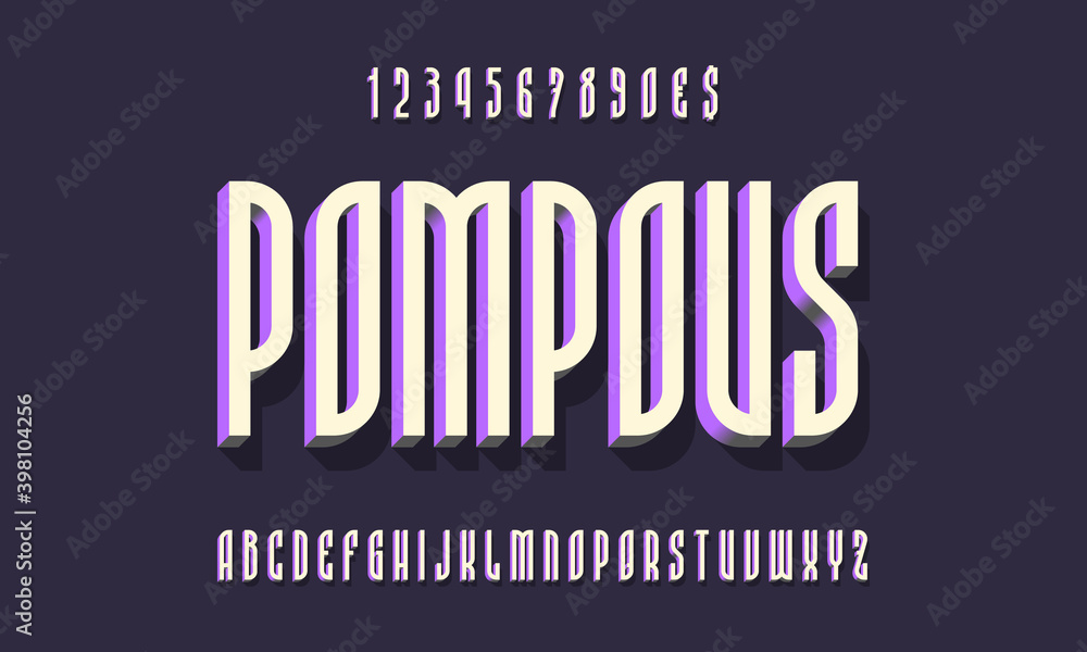 Fototapete pompous alphabet with numbers of white purple 3d symbols with shadow. volumetric display font. vecto