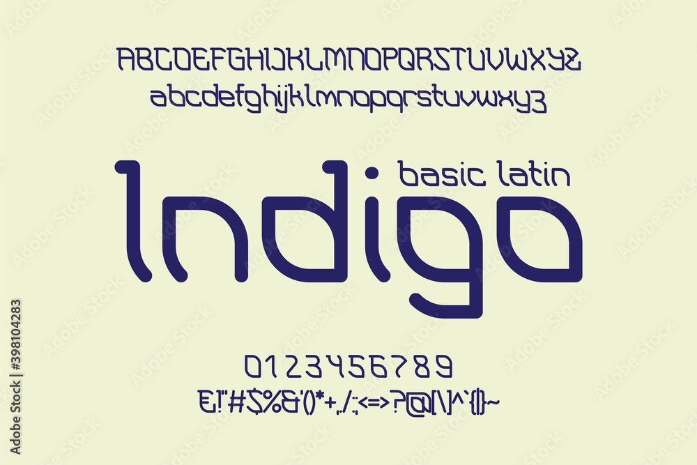 Poster indigo basic latin display font. artistic typeface with uppercase and lowercase letters, numbers and