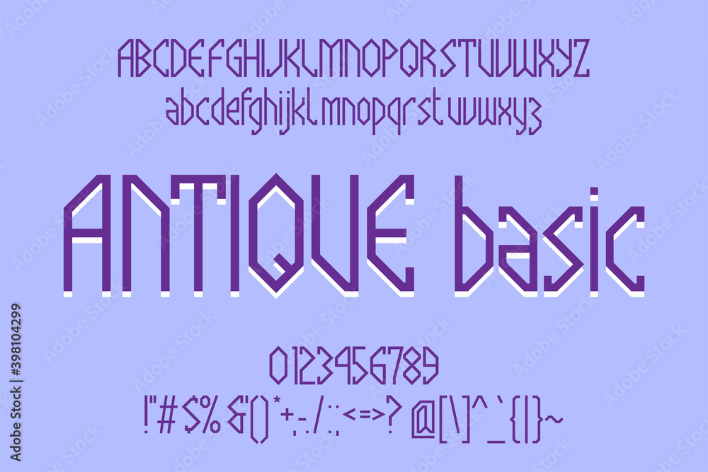 Poster antique basic latin display font. craft typeface with uppercase and lowercase letters, numbers and p