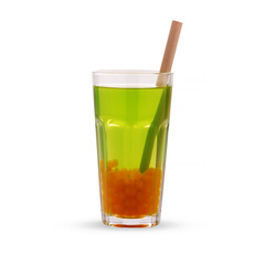 Green bubble tea with orange tapioca pearls in glass beaker, isolated on white background.