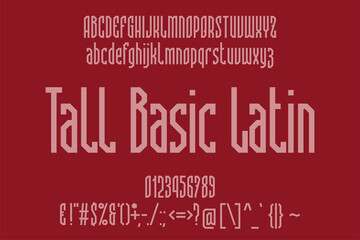 Tall Basic Latin display font. Stylish typeface with uppercase and lowercase letters, numbers and punctuation in antique style.
