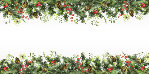Christmas, New Year border with branches of Christmas tree, holly berries, cones and space for text. Christmas background.