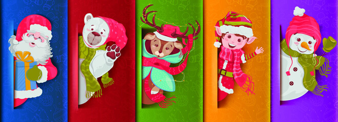 Collection christmas themed icons. Santa, snowman, deer, bear, elf. Merry Christmas and New Year. Vector illustration
