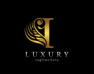 Golden initial I letter luxury beauty flourishes ornament monogram logo