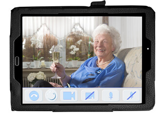 Isolated PC Tablet shows an imaginary designed app for video calls from elderly people. The buttons...