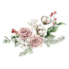 Watercolor Christmas bouquet with roses, cotton, lunaria, fir and eucalyptus branches. Hand painted holiday card of flowers isolated on white background. Illustration for design, print or background.