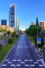 Madrid Skyline with office and business towers and skyscrapers on sunny day, blue sky and no people...