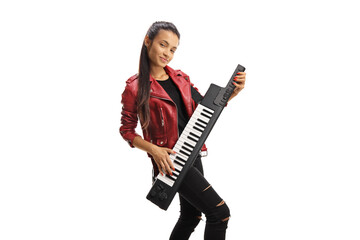 Young woman in a leather jacket playing a keytar synthesizer