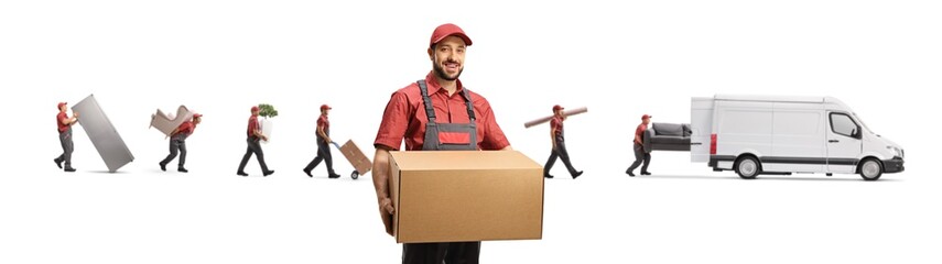 Removal company with workers putting household items in a white van
