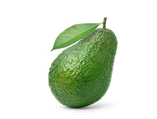 Avocado with green leaf isolated on white background. Clipping path.