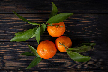 Sweet juicy orange New Year's clementine tangerines with green leaves. Citrus still life on a brown wooden background. Healthy winter fruits with vitamin C to boost immunity, top view