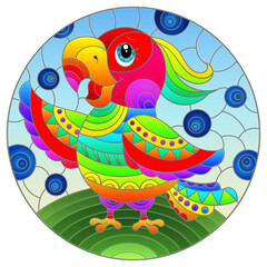 Illustration in stained glass style with abstract cute  rainbow  parakeet on a sky background 