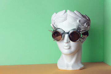 White sculpture of an antique head in rock glasses. On a geometric background of two colors.