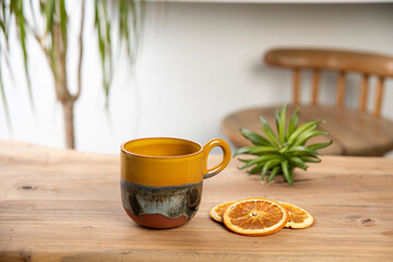 colorful coffee cup on wooden table