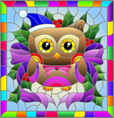 Illustration in stained glass style on the theme of the winter holidays of Christmas and New year, a toy owl on the background of Holly branches