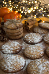 Homemade butter cookies on a table. Top view photo of fresh baked biscuits. Christmas menu ideas.
