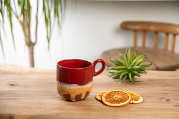 colorful coffee cup on wooden table