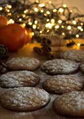 Homemade butter cookies on a table. Top view photo of fresh baked biscuits. Christmas menu ideas.
