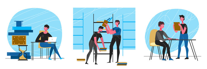 Student studying and reading books.