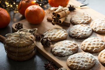Fototapeta na wymiar Sweet biscuits on a table. Christmas menu ideas. Top view photo of homemade bakery.  