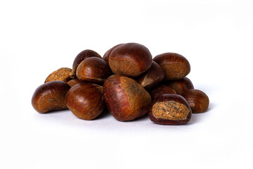 Chestnuts on a white background, horizontal, raw, no people,