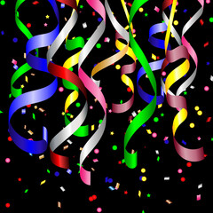 Set of colorful streamers on black background.  Colorful streamers. Multicolored streamer isolated on black background. Flat. Vector illustration. Eps10