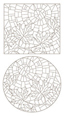 Set of contour illustrations of stained glass Windows with maple branches on the sky background, dark outlines on a white background