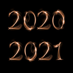 Year numbers for New Years Eve 2020 and 2021 on a black background, digital illustration