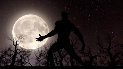 Illustration of a werewolf during the full moon in the creepy forest