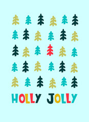 Christmas greeting card design template. Hand drawn fir trees, Holly Jolly hand lettering on light-colored background