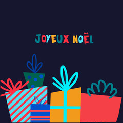 Christmas holiday presents, gift packages. Hand drawn vector illustration on dark background. Greeting card design template. Text in French says Merry Christmas