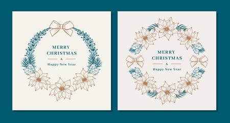 Christmas wreaths with poinsettia flowers. Merry Christmas and Happy New Year greeting card, Floral wreath. Elegant minimal design, Vector illustration