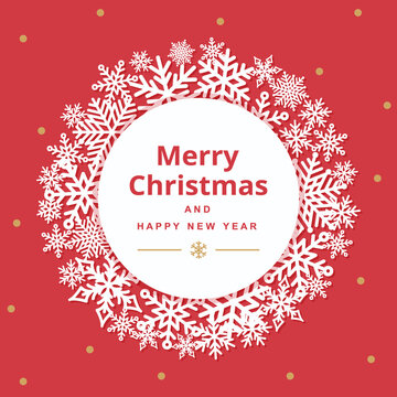 Christmas round decorative frame. Winter holidays art template with snowflakes. Greeting card with christmas elements. Vector illustration