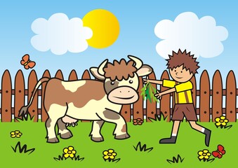 Plakat boy and cow on pasture, vector illustration