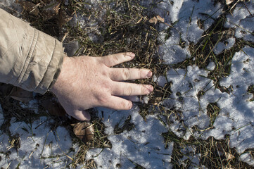 Murder. The dead man's hand lies on the melting snow.