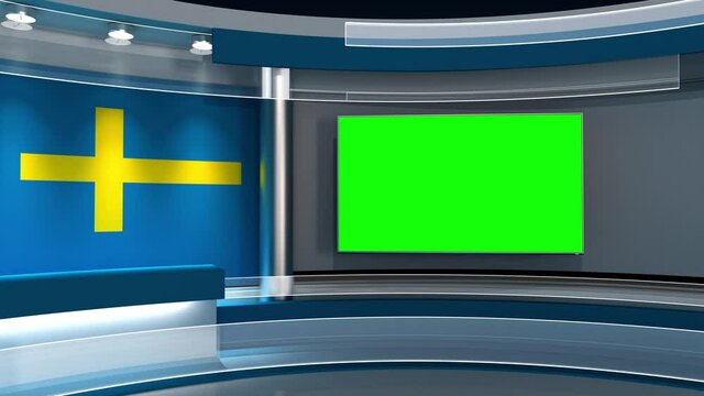 TV studio. Sweden flag studio. Sweden flag background. News studio. The perfect backdrop for any green screen or chroma key video or photo production. 3d render. 3d