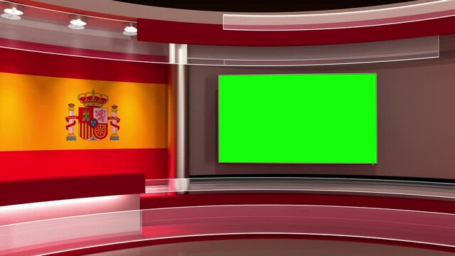 TV studio. Spain. Spanish flag studio. Spanish flag background. News studio. The perfect backdrop for any green screen or chroma key video or photo production. 3d render. 3d