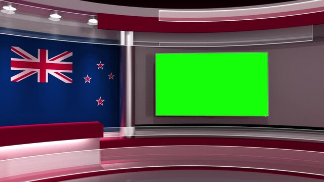TV studio. New Zealand. New Zealand flag studio. New Zealand flag background. News studio. The perfect backdrop for any green screen or chroma key video or photo production. 3d render. 3d