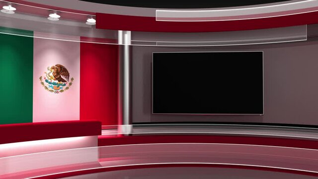 TV studio. Mexico flag studio. Mexico flag background. News studio. The perfect backdrop for any green screen or chroma key video or photo production. 3d render. 3d