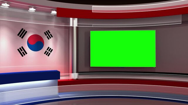 TV studio. South Korea flag studio. South Korea flag background. News studio. The perfect backdrop for any green screen or chroma key video or photo production. 3d render. 3d