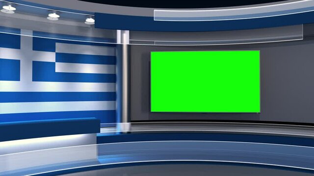 TV studio. Greece flag studio. Greece flag background. News studio. The perfect backdrop for any green screen or chroma key video or photo production. 3d render. 3d