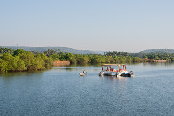 Naklejka premium View of the landscape and Interiors from a boathouse drive in Charpora Goa. Exotic tourism in Goa.