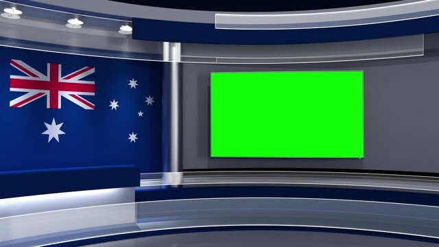 TV studio. Australia. Australian flag studio. Australian flag background. News studio. The perfect backdrop for any green screen or chroma key video or photo production. 3d render. 3d