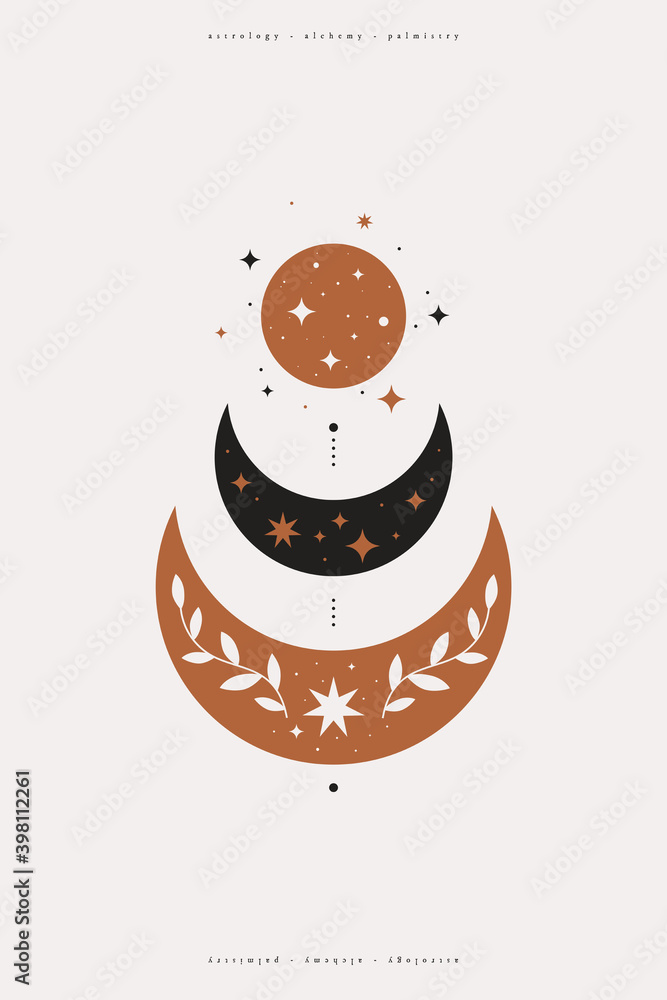 Poster Mystical composition with phases of the moon stars on a light isolated background. Astrological sign in a trendy minimalist style. An abstract esoteric symbol in boho style.