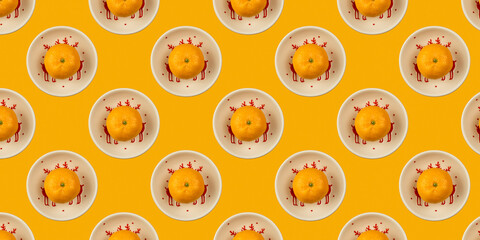 Obraz premium Christmas concept, pattern with tangerine on a plate on an orange background, banner, flat design