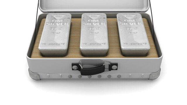 One suitcase with silver bars. Opening suitcase filled with three Fine Silver bars. Footage video