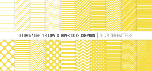 Illuminating Yellow Stripes, Polka Dots and Chevron Vector Patterns. 2021 Color Trend. 20 Pattern Tile Swatches Included. - 398112641